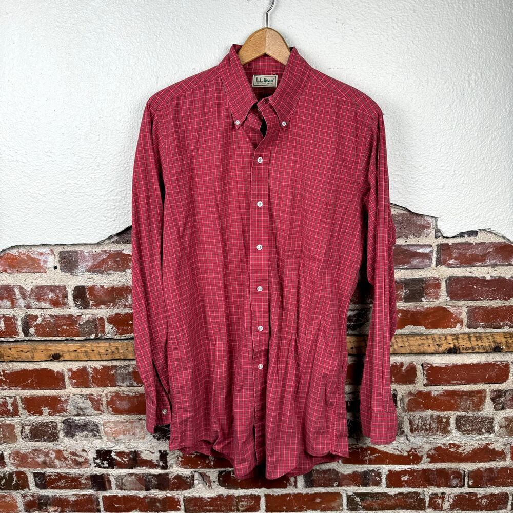 Vintage LL Bean Shirt Large Long Red Plaid Cotton Long Sleeve Button Up USA 90s